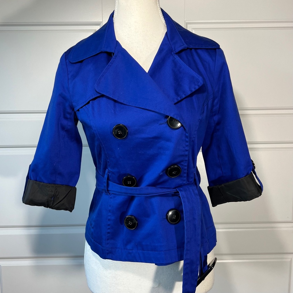 Luii Royal‎ Blue Cropped Trench Coat Jacket PP Petite Double Breasted Belted